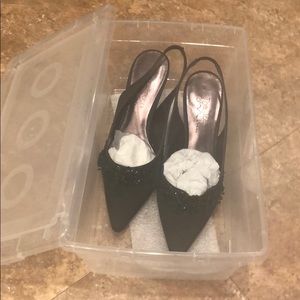 Black satin heels with sequins/beads